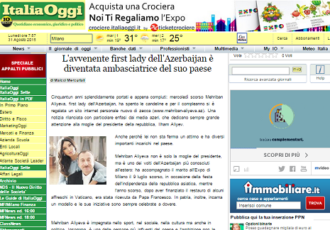 `Italia Oggi` publishes article about Azerbaijan`s first lady Mehriban Aliyeva